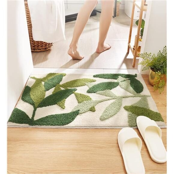 Green Leaves Bath Mats Bathroom Rugs Non-Slip Soft Microfiber Absorbent Machine - Picture 6 of 8